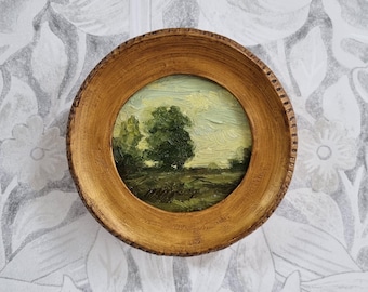 Warm cozy country moody original oil landscape painting,tree painting,framed oil painting, antique style art, forest, woods