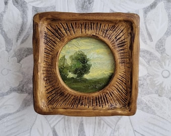 Warm cozy country moody original oil landscape painting,tree painting,framed oil painting, antique style art, forest, woods