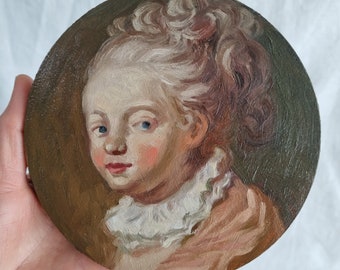 Portrait of a little girl, 18th century old masters study, small portrait, Original handmade oil painting, vintage art