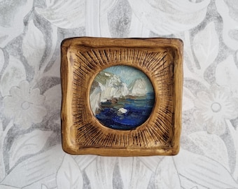 Original oil seascape painting, deep blue sea, framed painting, antique style art, cliff, coastal art, ocean, cloud, beach, sky, landscape