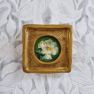 Framed White Flower Oil Painting: Vintage Botanical Miniature Art