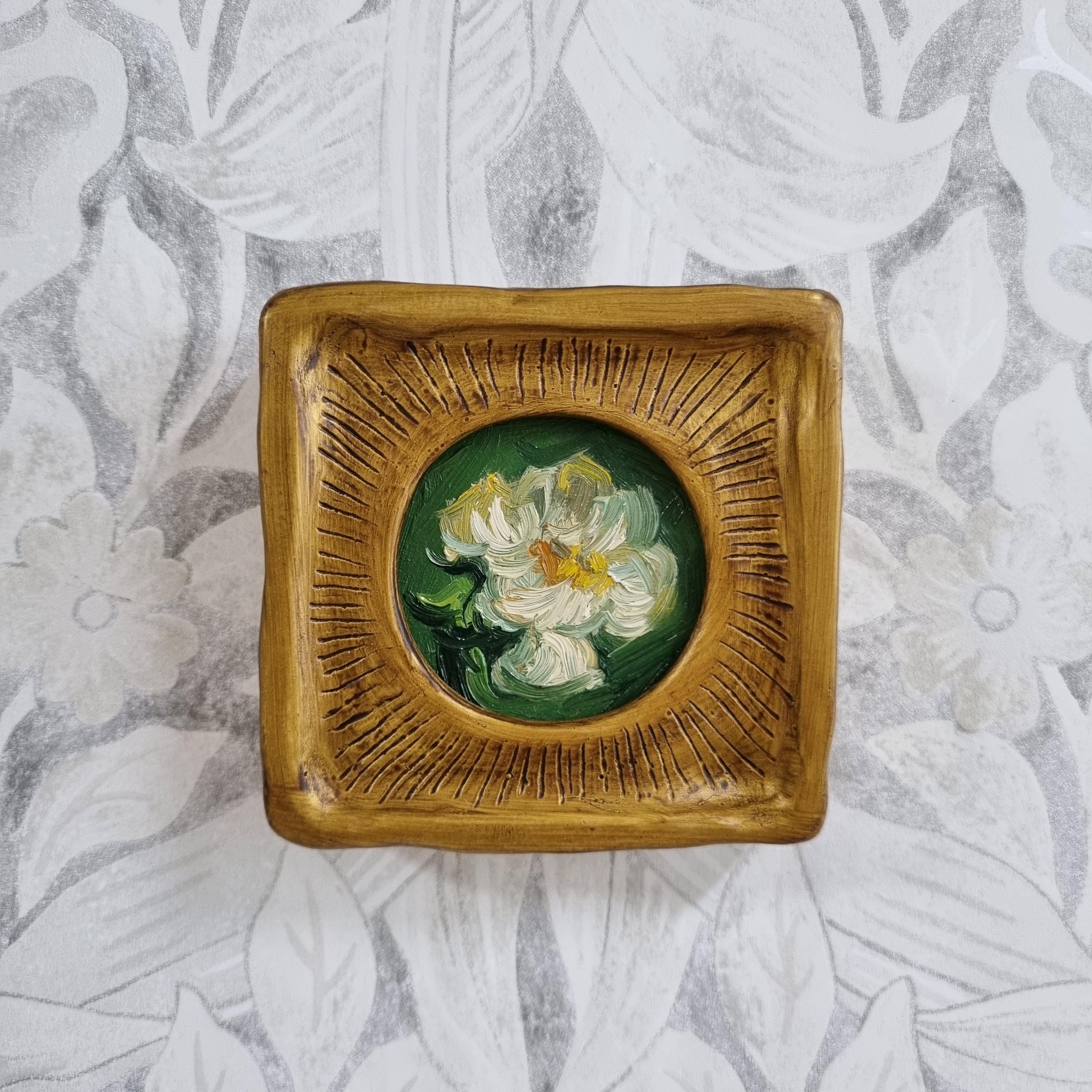 White flower, original still life oil painting, romantic flower painting,handmade framed wall decor, vintage miniature, botanical art gift