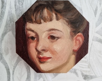 Portrait of a girl, old masters study, small portrait, Original handmade oil painting, vintage art