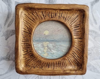 Original seascape oil painting, handmade framed art, classic and antique style art, miniature, ocean, cloud, sunrise, sunset, sky, landscape