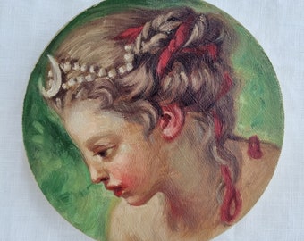 Ritratto di una dea, Artemide, Diana, studio di antichi maestri del XVIII secolo, Boucher, piccolo ritratto, dipinto ad olio originale fatto a mano