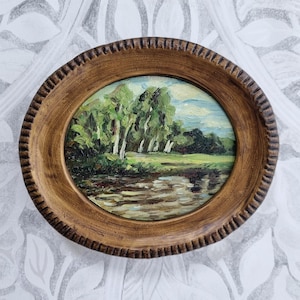 Framed Oil Landscape Painting: Vintage Countryside river Wall Decor