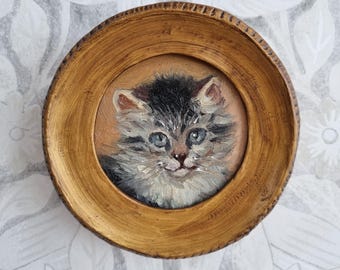 キティオリジナル油絵風景の中の子猫ミニ絵画ヴィンテージ猫アート動物