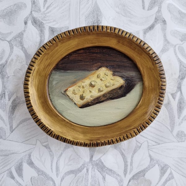 Pintura al óleo de una rebanada de queso en miniatura: Bodegón de cocina antigua, enmarcado