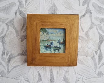 嵐の海に浮かぶ大型帆船のアンティーク油絵、オリジナルの海洋アート