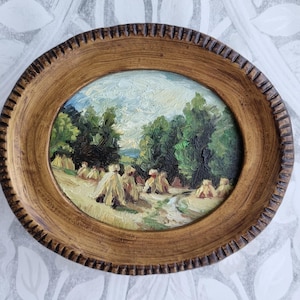 Harvest time, oval framed countryside moody original oil landscape painting wall decor gift for friend impressionist wall gallery