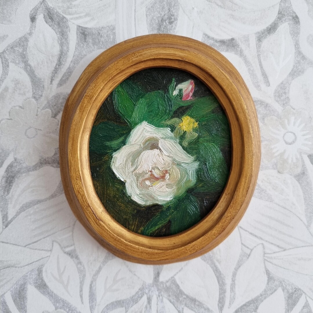 White rose, original still life oil painting,romantic flower painting,framed wall decoration, antique vintage miniature, botanical art