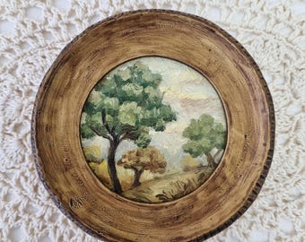 Framed Miniature Oil Painting: Country Landscape, Antique Style Handmade Art