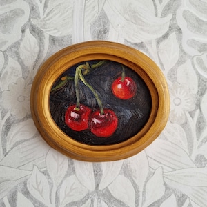 Framed Cherries Still Life Oil Painting: Kitchen Food Decor
