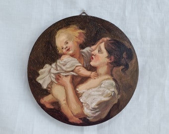 Ritratto di una madre e un bambino, studio di antichi maestri, piccolo ritratto, dipinto ad olio originale fatto a mano