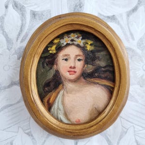 Portrait of a girl with flowers, portrait of  a lady, master study, framed oil painting, small portrait, figurative painting, antique style