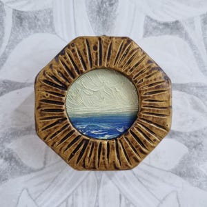 Octagonal Framed Seascape Painting: Miniature Coastal Oil Landscape