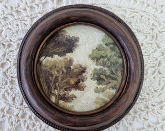 Framed Miniature Oil Painting: Country Landscape, Antique Style Handmade Art