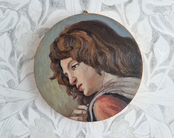 Portrait d'un garçon, étude de maîtres du XVe siècle, Botticelli, petit portrait, peinture à l'huile originale faite main, huile sur bois, cire à dorer