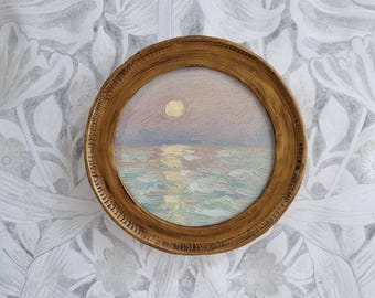 Moonlight original seascape oil painting, handmade round framed art, miniature wall gallery, ocean, cloud, sunrise, sunset, sky, landscape