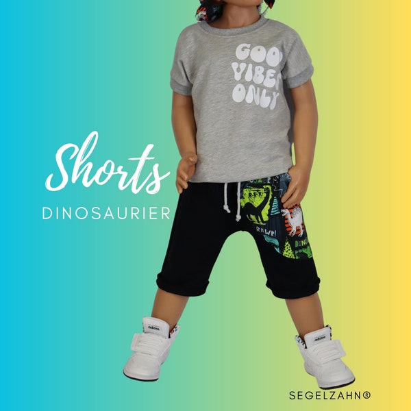 Dino Shorts, kurze Hose Junge Mädchen Kind Baby Sweat Jogger knielang Schwarz Segelzahn Kinderkleidung Dinosaurier Sommerhose Kinderhose