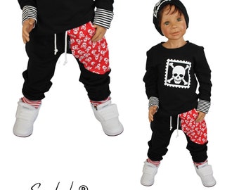 Baby Pumphose mit Tasche Skulls Totenkopf Bunt Jeansoptik handmade Puschel-Design 