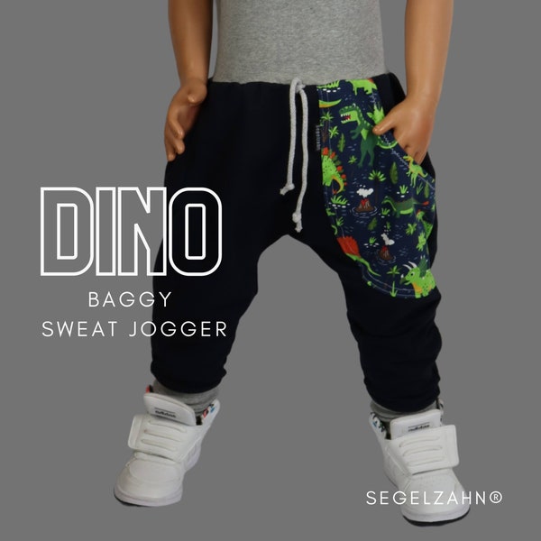 Baggy Jogger Kinder Dinosaurier Blau Dino Pumphose Unisex Haremshose Kind Baby Sweat Hose Jungen weite Kinderhose blaue Dinohose Segelzahn