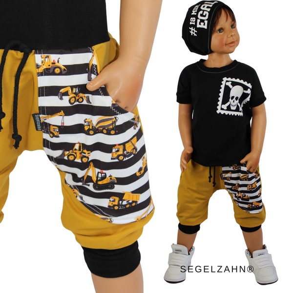 Pumphose Kinder, kurze Hose Unisex Jungen Mädchen Kind Baby Sweat Jogger, Segelzahn Kinderkleidung Sommerhose Hosen Senf Bagger Baustelle