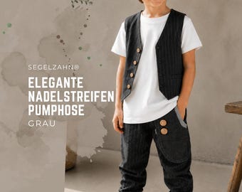 Pantaloni harem a righe sottili per bambini, grigi | Pantaloni festivi per bambini | Pantaloni in flanella di cotone che crescono con me | Eleganti pantaloni da ragazzo | Unisex | Pantaloni resistenti da ragazzo