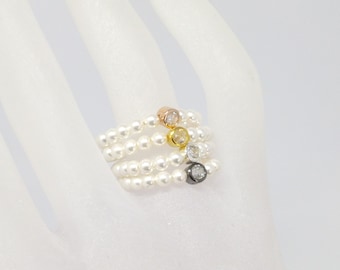 Flexible pearl ring with crystal stone 925 silver gold rose gold, stretch ring