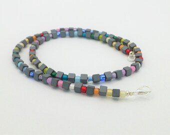 Necklace Hematite Matte Cube with Glass Beads Rainbow, Colorful Necklace, Gift for You