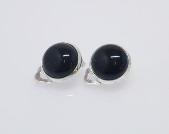 Ohrclips Onyx Cabochon 12mm versilbert vergoldet, Schwarze Ohrclips