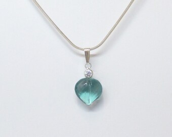 Necklace Silver Heart Pendant Fluorite AAA Blue-Green Engraving