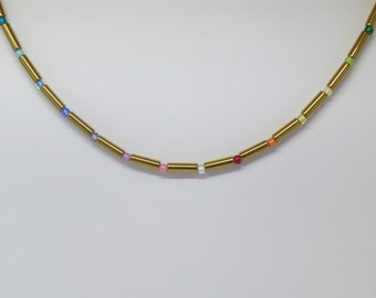 Necklace Hematite Rollers Gold with Glass Beads Rainbow, Colorful Necklace