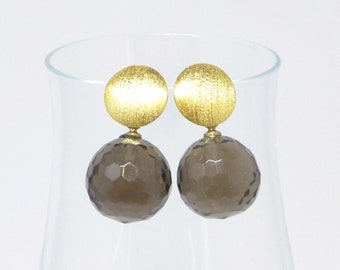 Stud earrings gold smoky quartz ball 14 mm faceted, gemstone earrings