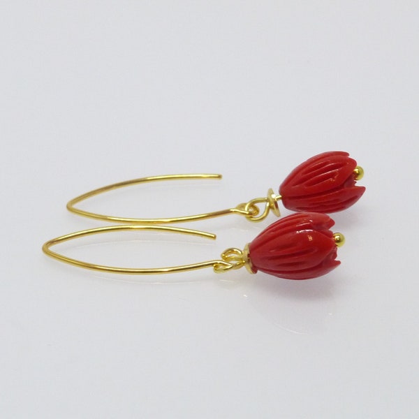 Lange Ohrhänger Koralle Imitat Blüten Rot Gold 925