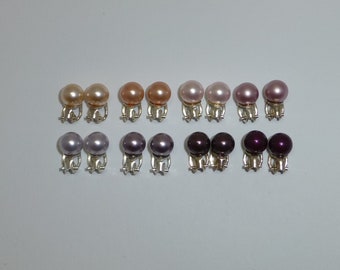 Pearl ear clips 8 mm pink violet silver 925 gold, pearl ear clips