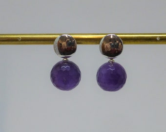Long studs silver amethyst violet ball 14 mm faceted, gemstone earrings, gift for women