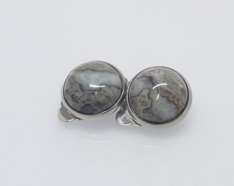 Earrings jasper gray cabochon 12 mm stainless steel, gemstone earrings