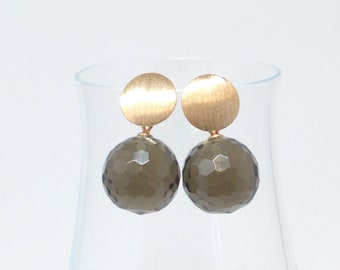 Stud earrings rose gold smoky quartz ball 14 mm faceted, gemstone earrings