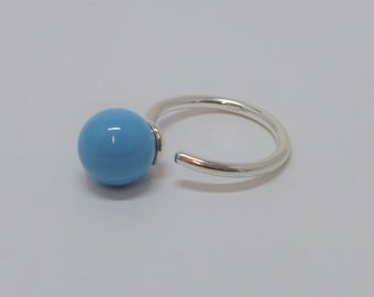 Ring sterling silver pearl 10 mm turquoise adjustable, pearl ring, for her