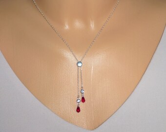 Necklace Y-Necklace Silver Drop Pendant Ruby, Lariat Necklace