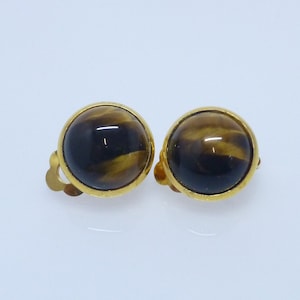 Earrings tiger eye cabochon 12 mm gold plated, gemstone earrings