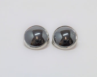 Ohrclips Hämatit Cabochon 14mm Anthrazit Silber, Edelsteinohrclips