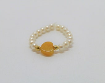 Flexible beaded ring with heart aventurine orange gold, stretch ring, gift for her
