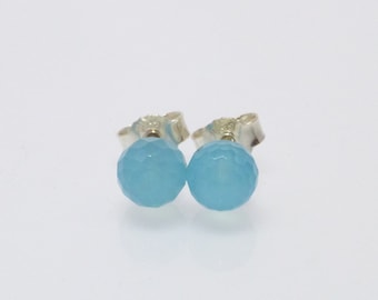 Stud earrings aqua chalcedony ball faceted silver 925 6 mm 8 mm