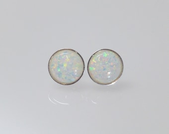 Ohrstecker Opal Imitat Weiß Cabochon Silber 925 Gold, Opalohrstecker