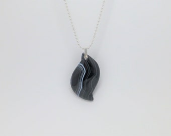 Long necklace silver pendant onyx leaf, gift for her