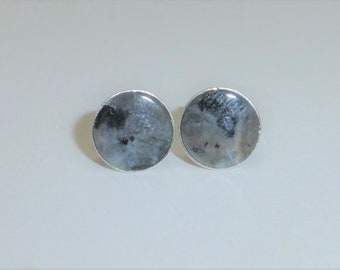 Earrings Labradorite Scharz Cabochon 8 mm Flat Silver 925, Gemstone Earrings, Gift for You + Him