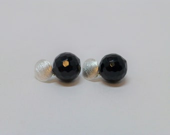 Long studs silver onyx ball 14 mm faceted, gemstone earrings, gift for women