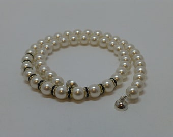 Perlenkette weiß mit Strass Schwarz, Brautschmuck, Geschenk für Sie